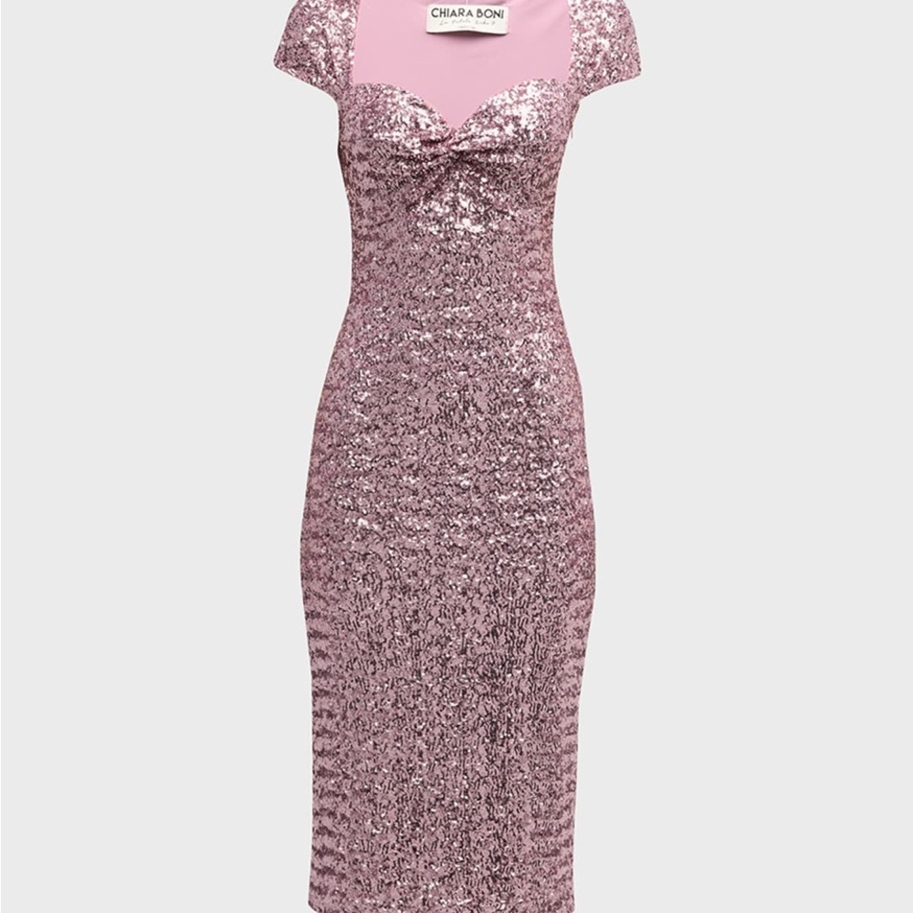 Chiara Boni La Petite Robe
Sweetheart Sequin Bodycon Midi Dress. Rose colored.